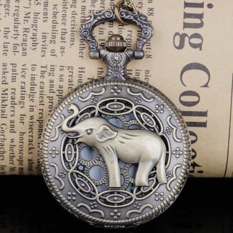 Vintage Elephant Hollow Digital Dial Quartz Steampunk Pocket Watch Men's and Women's Necklace Pendant with Chain Jewelry Gift