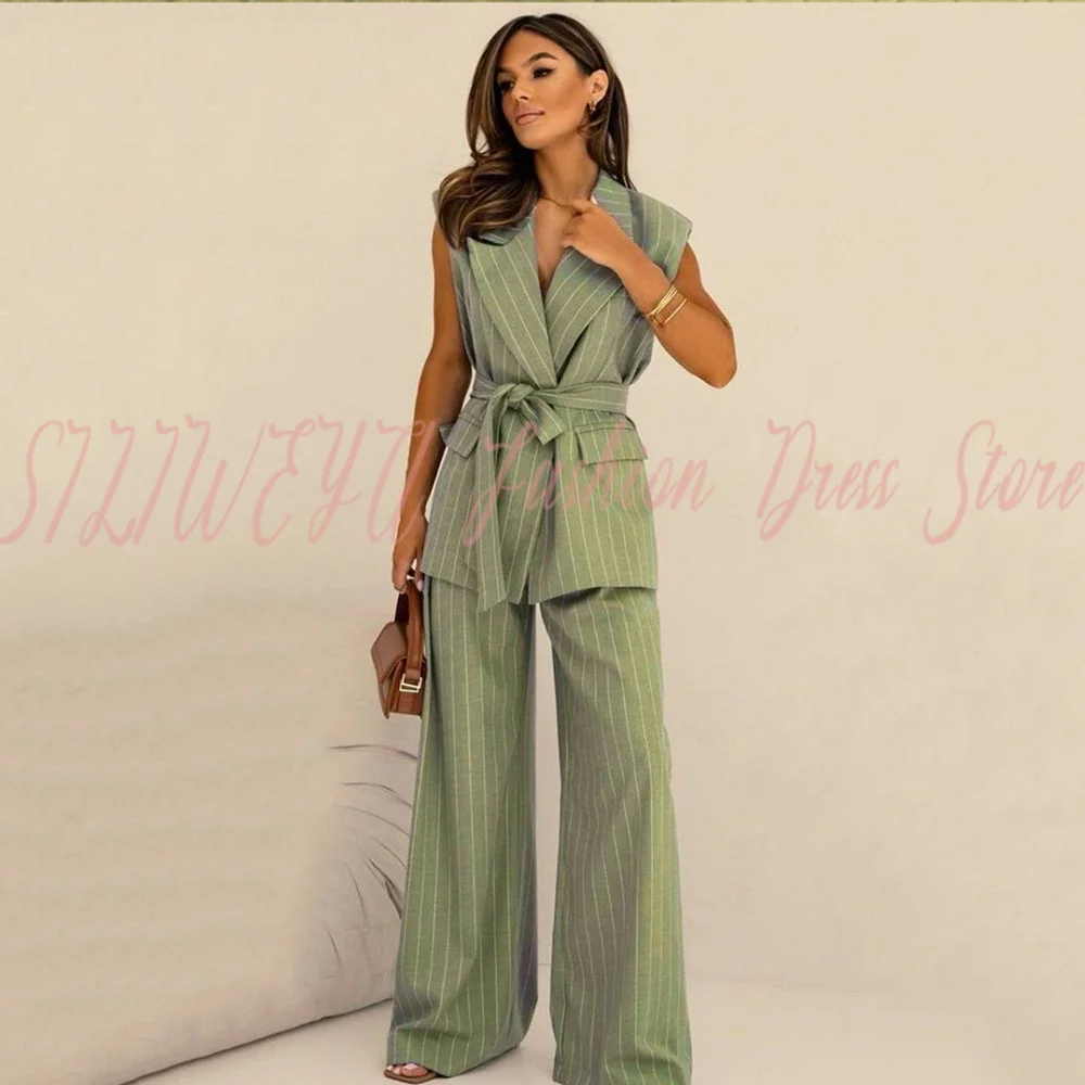 

Spring and Autumn Women's Smart Casual Blazer Chic Outerwear 2 Pieces Straight Pants V-Neck Stripe Office Commuter Suit Set