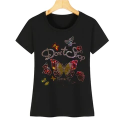 Hot selling high-quality new hot diamond beautiful butterfly women's casual short-sleeved T-shirt flash diamond loose T-shirt