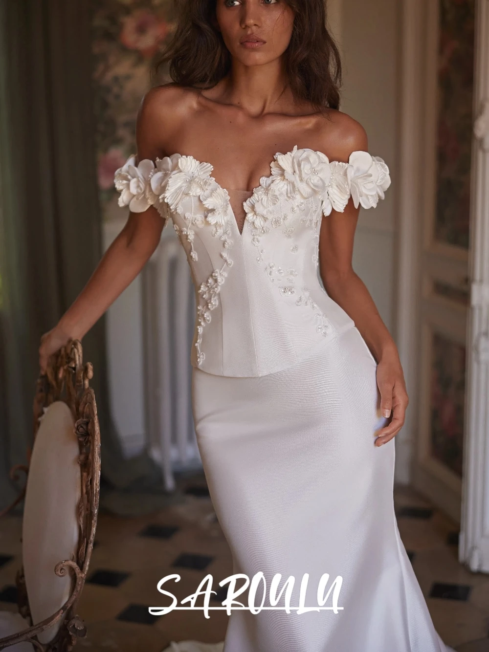 

Romantic 3D Flower Off-the-shoulder Satin Wedding Dress Gorgeous Mermaid Bridal Gown Elegant Lace Up Back Formal Bridal Dress