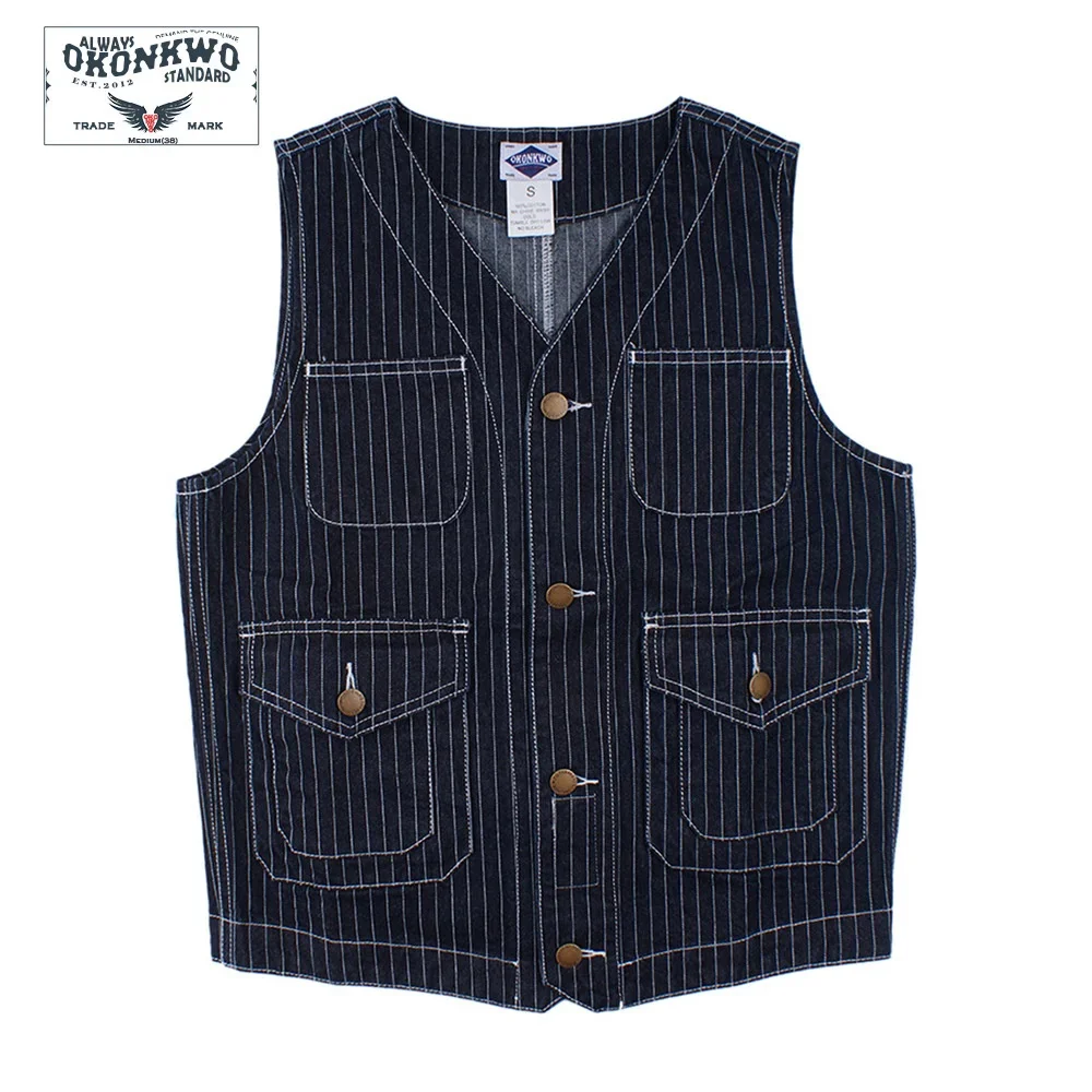 Spring Men's Striped Denim Vest Outdoor Hiking Trekking Camping Work Labor Cargo Amerika Multi Pocket Women's Tooling Waistcoat