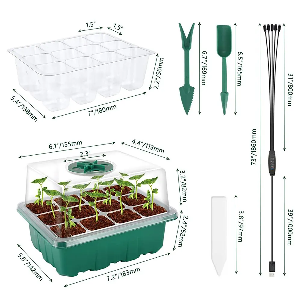 Coltiva la luce con vassoio di avviamento per semi spettro completo 5 pezzi Kit di semina strumenti lampada per la germinazione per serra da interno 12 celle