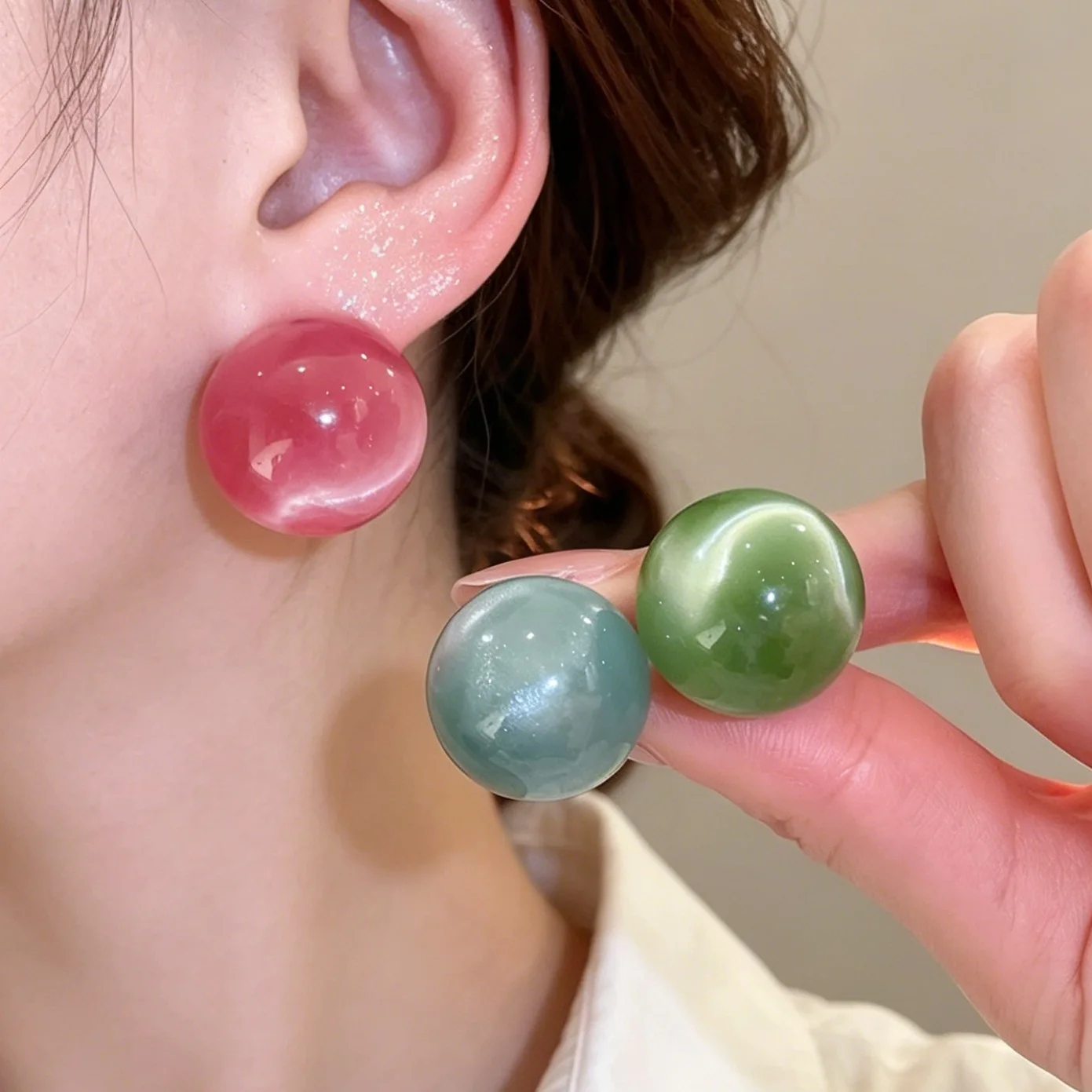Earrings Round Stud Gradient Candy Colors Pearl Korean Sweet Charming Versatile Lightweight Alloy for Women Everyday Work