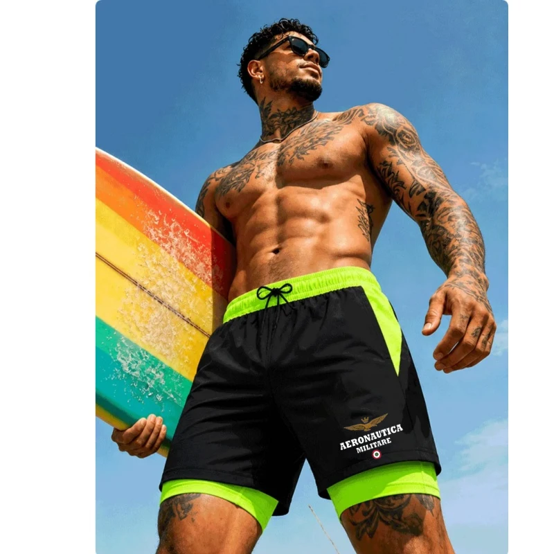 Men'S 2-In-1 Double Layer Swimming Trunks Black Eagle Letter Pattern Quick Dry Elastic Drawstring Surfing Running Beach Shorts