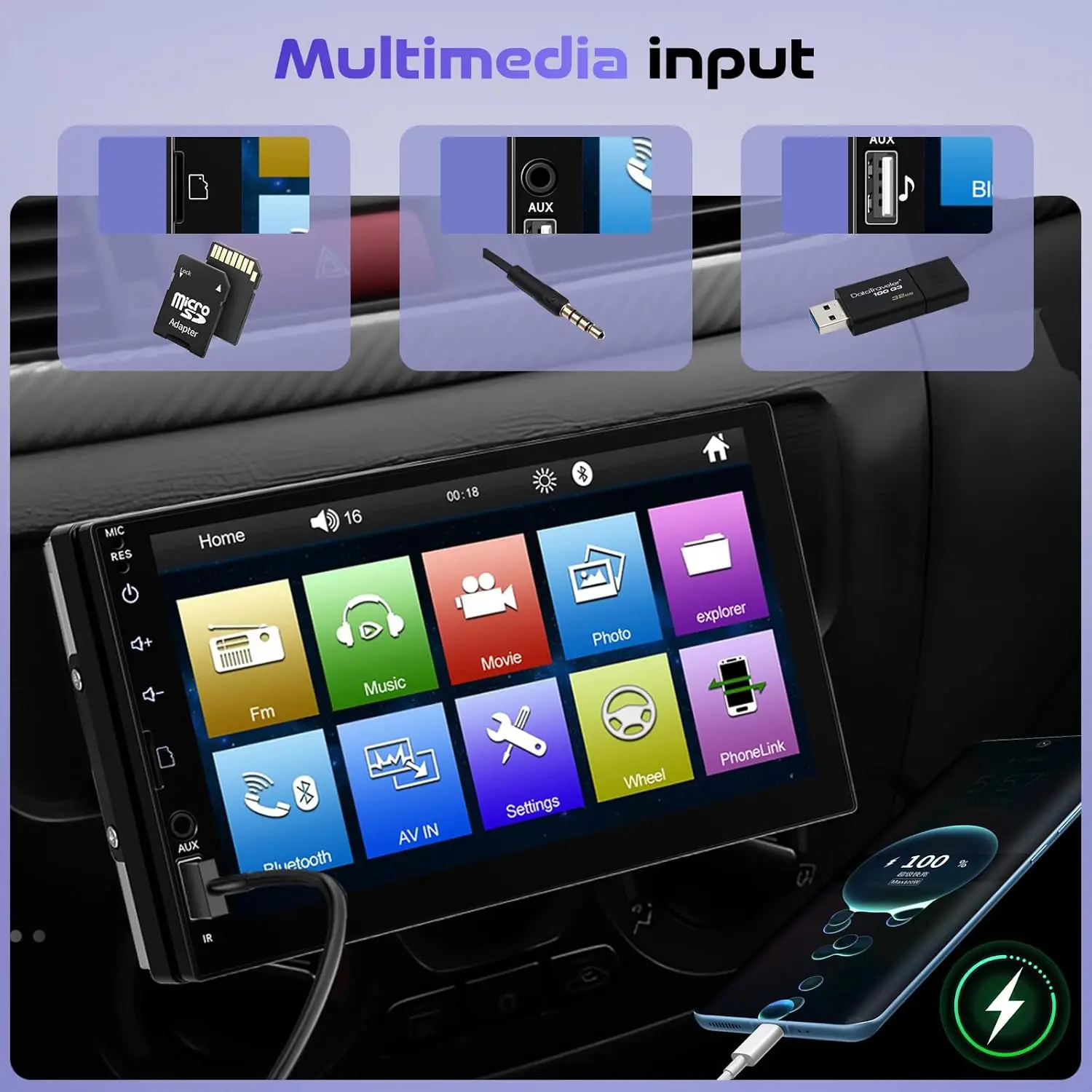 ستيريو سيارة بشاشة لمس عالية الدقة مقاس 7 بوصات مع بلوتوث، USB، AUX، FM، كاميرا خلفية، وصلة مرآة، تحكم في عجلة القيادة