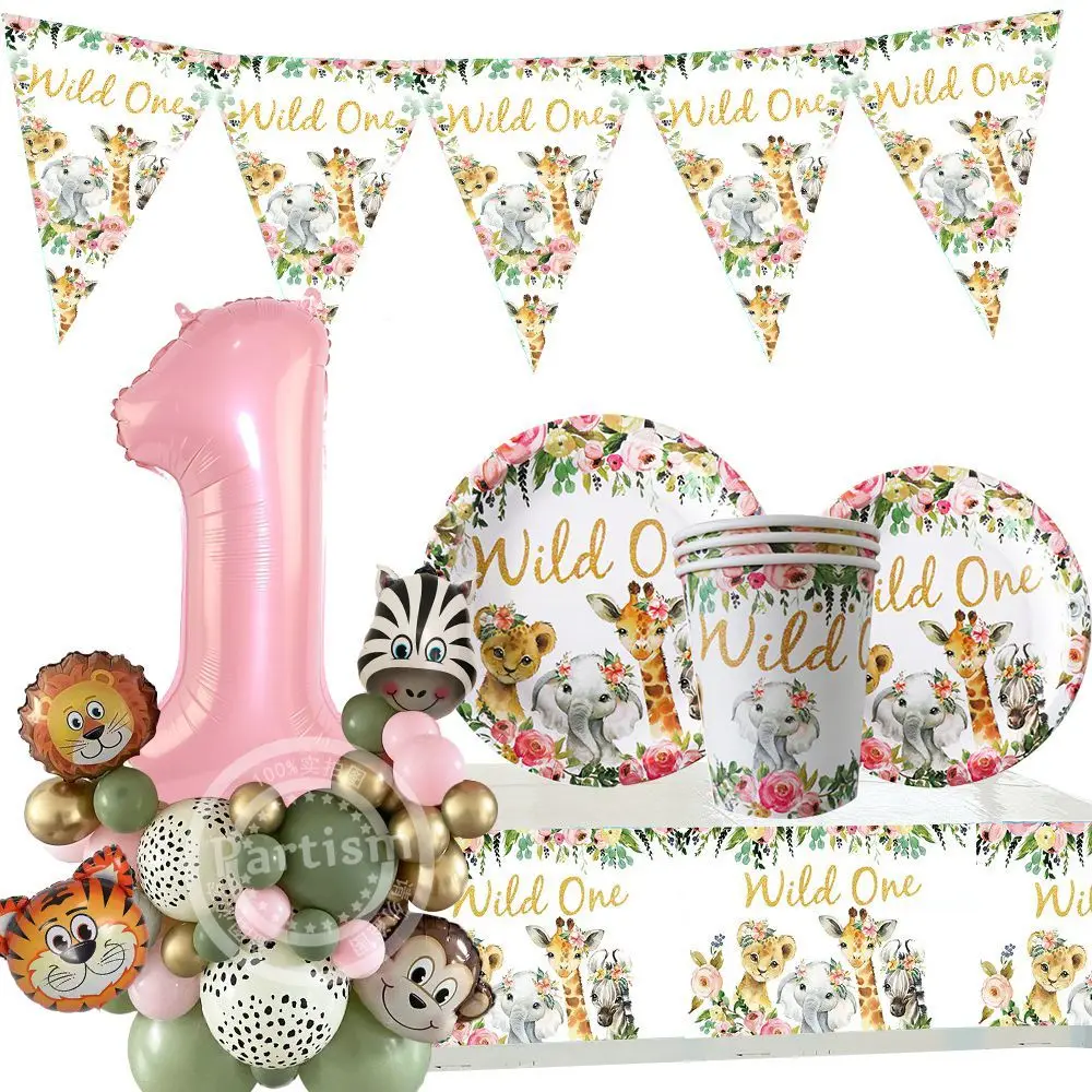 

Pink Wild One Animal Themed Paper Plates Cups Banner with Wild Animal Balloon Tower for Girl's Jungle Birthday Party Decorations