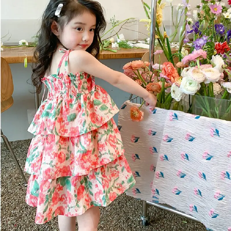 Girls' Floral Crinkled Cake Dress Princess Dress25Summer New Foreign Trade Children's Wear Delivery