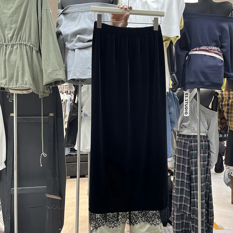 Koreańska aksamitna spódnica z koronkowym wykończeniem, damska, z wysokim stanem, dopasowana, z rozcięciem, obcisła, do pracy, nowość na jesień.