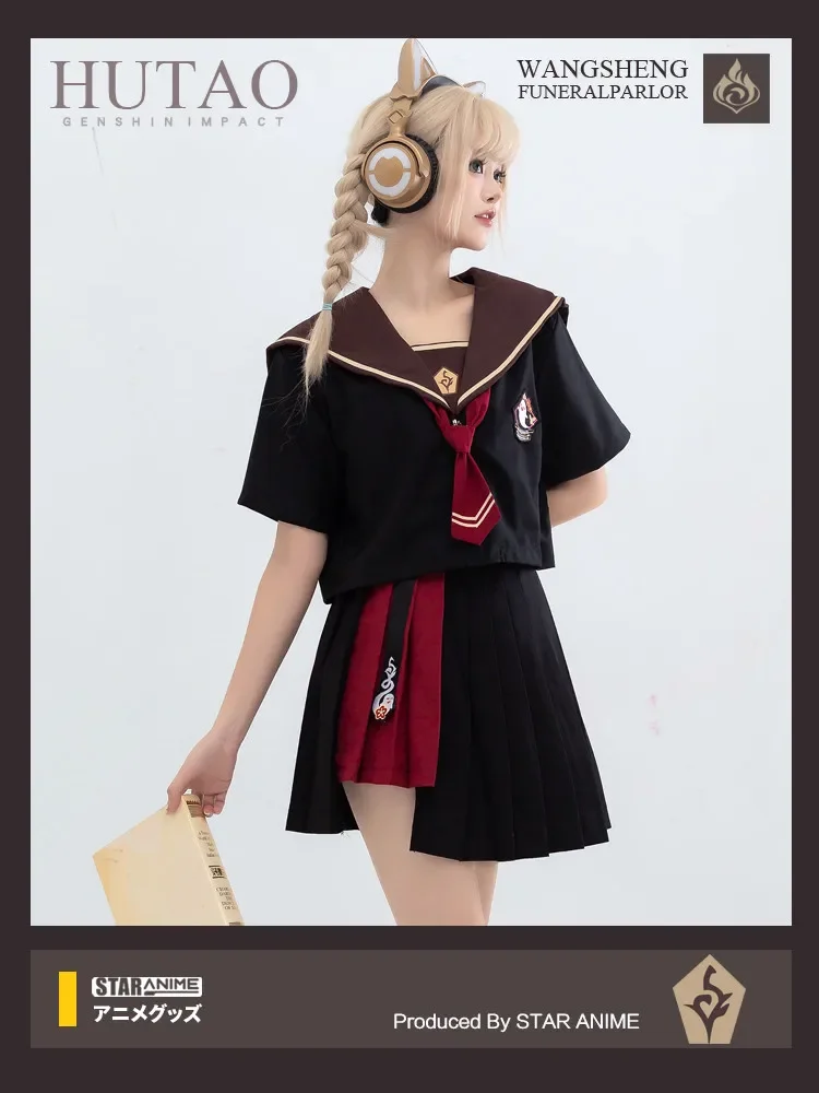 

Аниме Genshin Impact Hu Tao косплей футболка Топы и плиссированная юбка Сейлор Костюм JK Униформа милая девушка Женщины