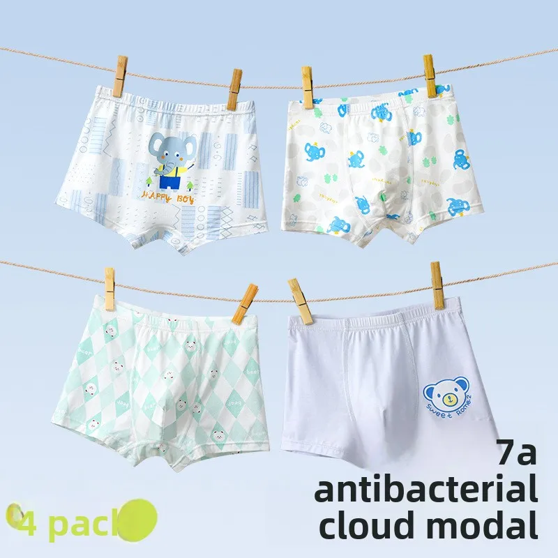 4 Pack Boys Modal Boxer Briefs 7A Antibacterial Comfortable Underwear for Kids Teens Students