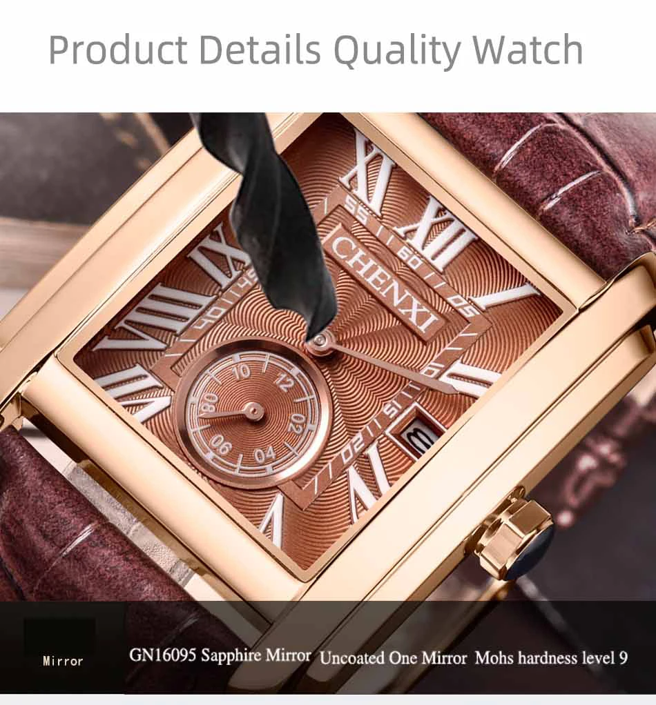 Fashion Luxury Chenxi Brand Classic Design Rectangular Male Watches Casual Leather Watch Man Calendar Quartz Men Gold Wristwatch images - 6