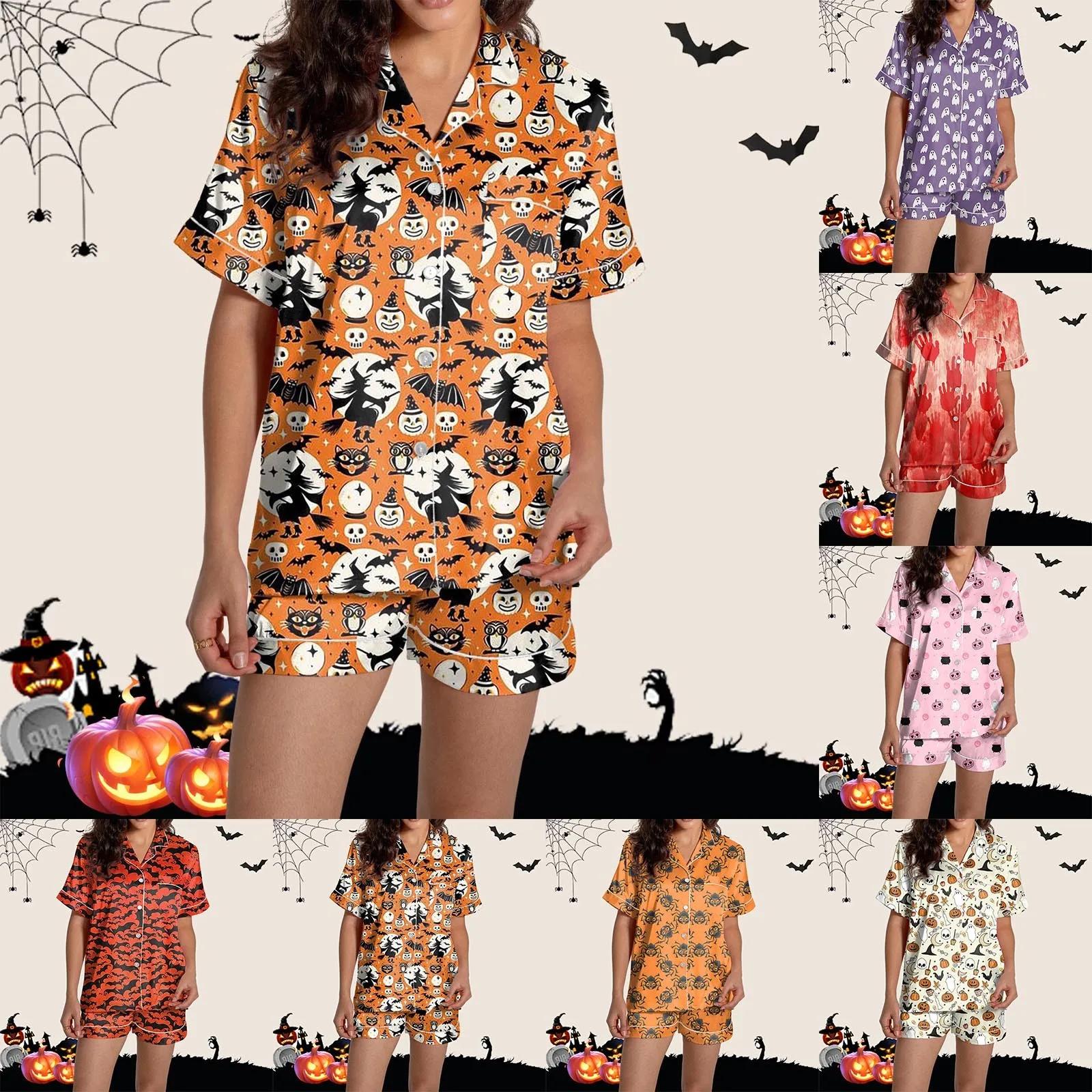 Women Halloween Satin Pajama Set Ghost Pumpkin Print Short Sleeve Button Closure Top with Shorts 2 Pieces Sleepwear Loungewear