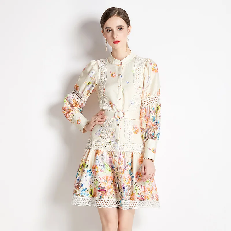 تنورة خريف 2024 ذات ياقة ثابتة تنورة طويلة Sve مطبوعة بالزهور على شكل حرف a مع حزام شارع Sle ميدي Dr للنساء