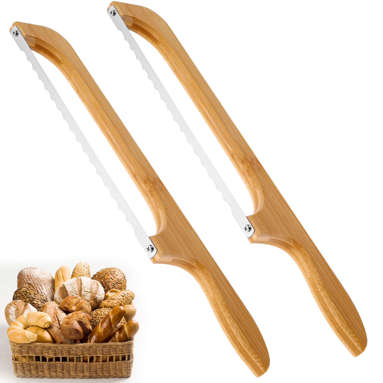 2 Pcs Bread Bow Knife with Stainless Steel Serrated Blade and Ergonomic Wood Handle Multifunctional Sourdough Cutter