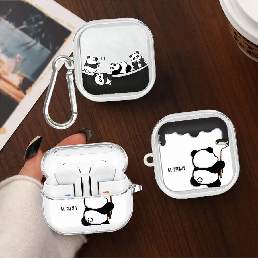 Black Adorable Panda Clear Earphone Cases Cover With Hook Case For Samsung Galaxy Buds 2Pro 2 Live 3 FE 3Pro 4 Pro 4Pro