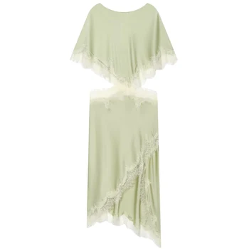 HXAO Asymmetric Satin Lace Dress Women's Dress Summer 2026 Sexy Midi O-Neck Batwing Short Sleeve Cut Out Vestidos Party Dresses 2