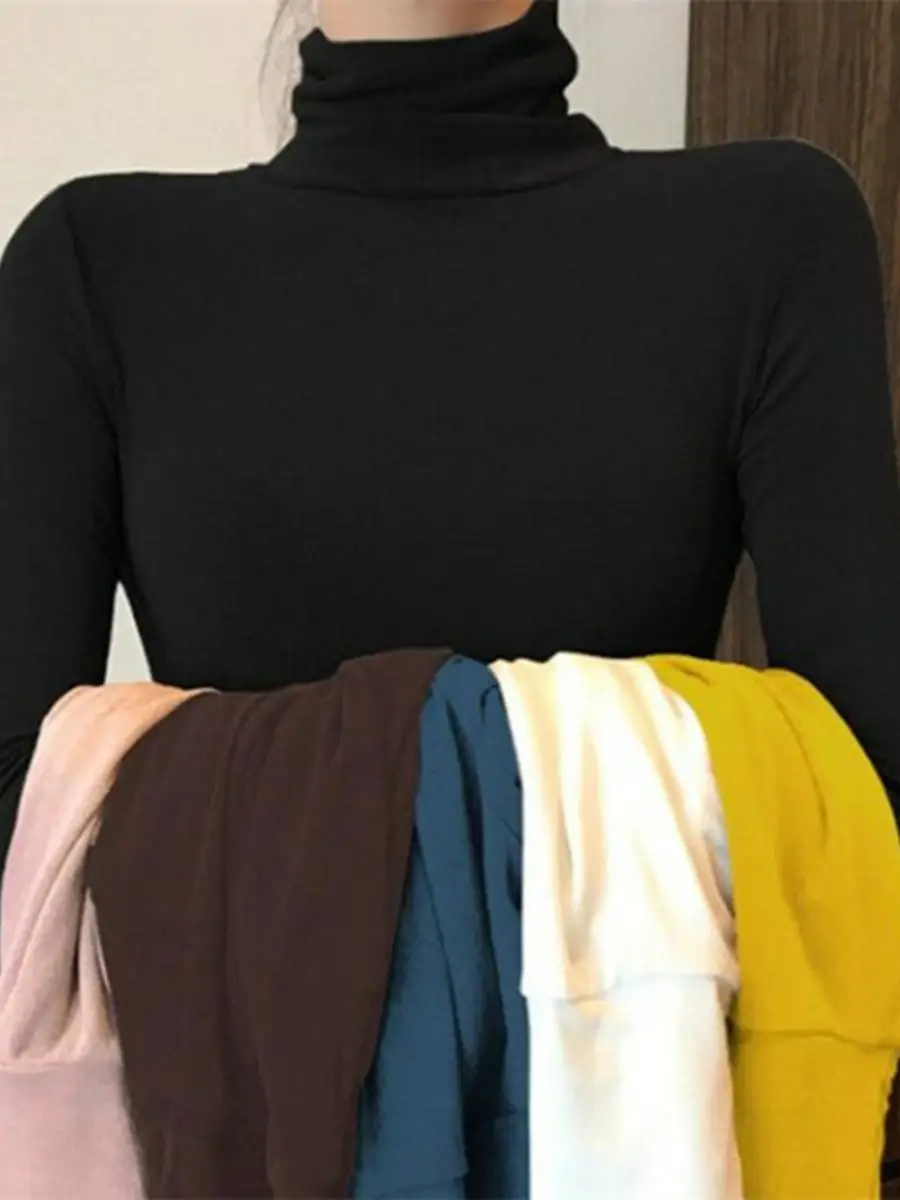 

Женская модная футболка Slim Fit с длинным рукавом и высоким воротником в корейском стиле, осенняя новинка, трендовый студенческий топ