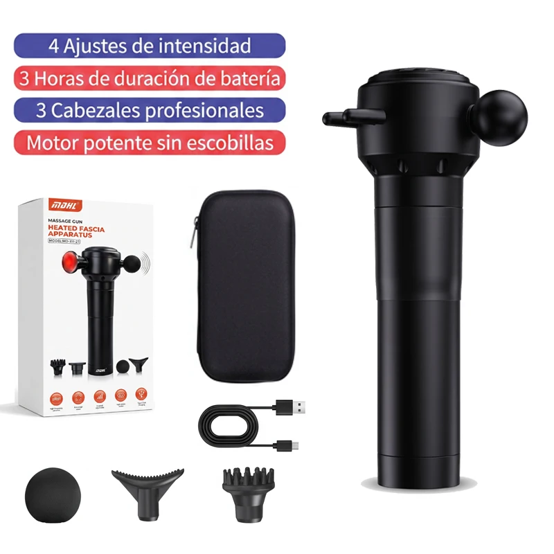 Massagegun met warmtecompressiefunctie, 4 instelbare niveaus en 3 professionele verwisselbare massagekoppen voor diepe spierontspanning, geschikt voor thuis en op kantoor.