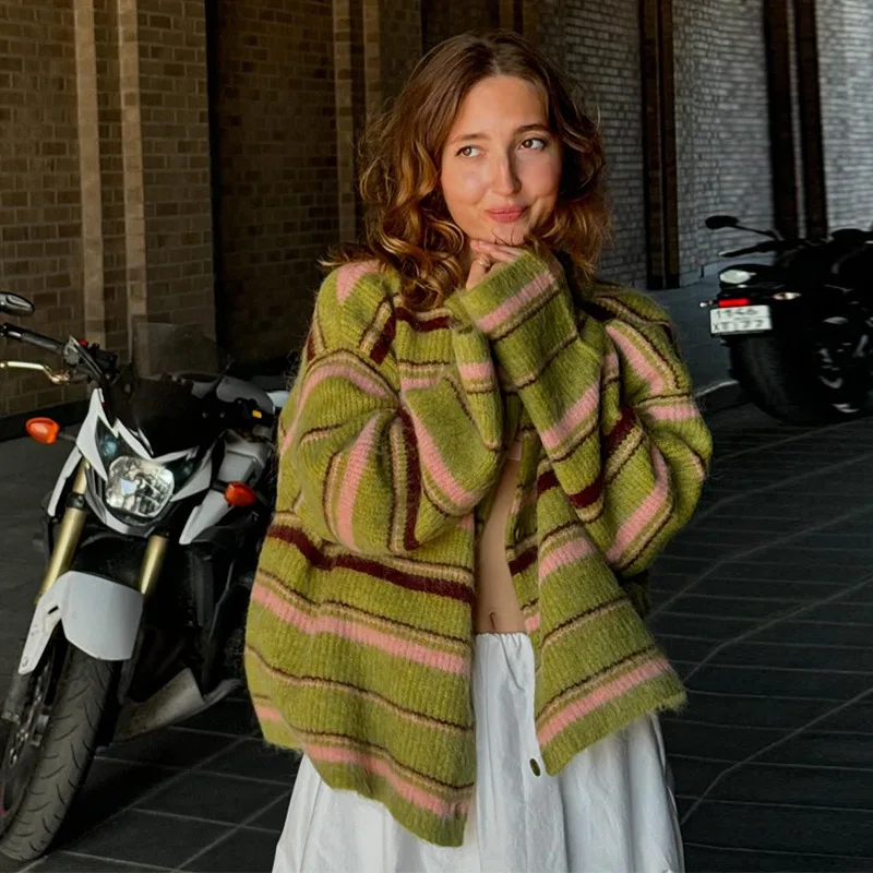 

American Style Niche Lazy Style Striped Color-Block Sweater for Women2025Spring and Autumn New Couple Knitted Cardigan Tops