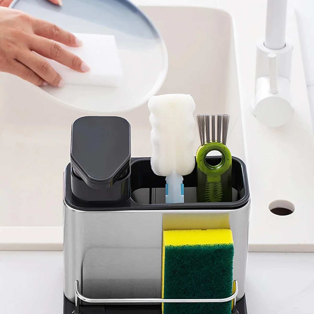 3-in-1 الفولاذ المقاوم للصدأ المطبخ موزع الصابون الإسفنج حامل أدوات المائدة المنظم تخزين بالوعة صينية غير قابل للصدأ تجفيف الرف