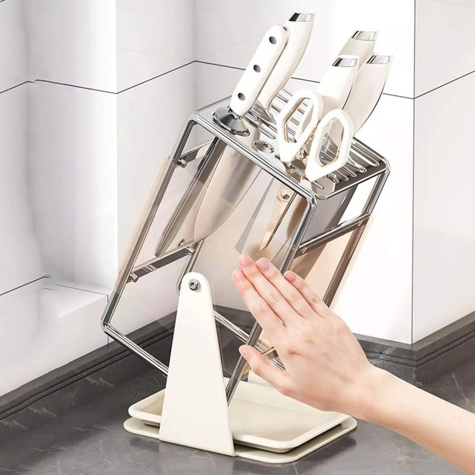 

Cutter Block Holder 9-Slot Storage Rack With Drain Tray 30-Degree Rotating Cutter Stand For Kitchen Counter Restaurant Food