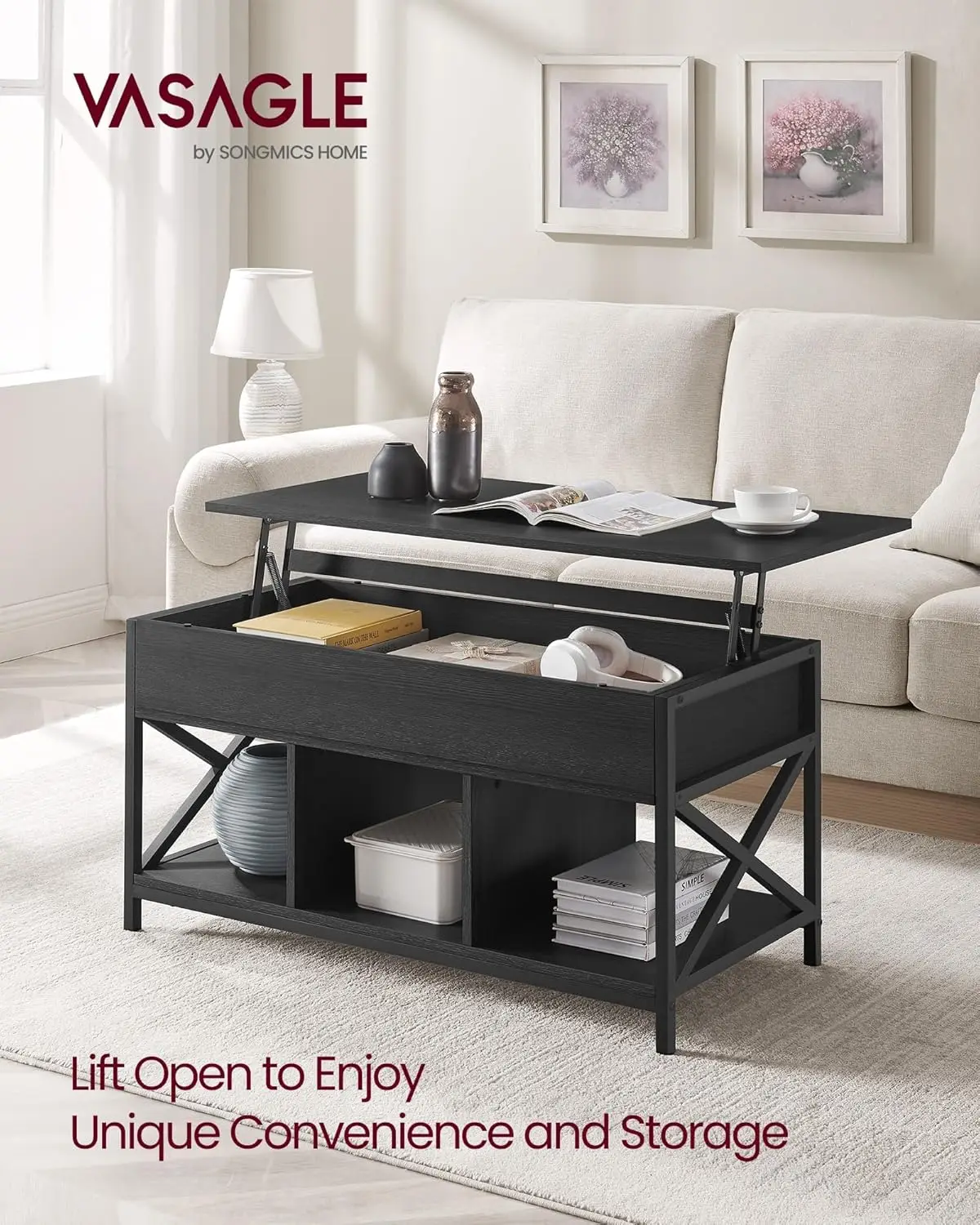 Lift Top Coffee Table, Lift Coffee Table with Storage Shelf, Hidden Compartments and Lifting Top, for Living Room