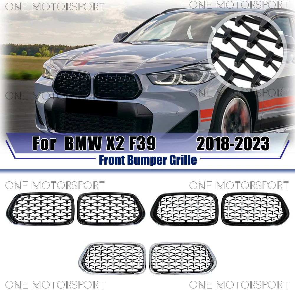 

Glossy Black Diamonds Style Front Bumper Grille Chrome Silver Fit For BMW X2 F39 2018-2023 Racing Grille Bumper Grilles