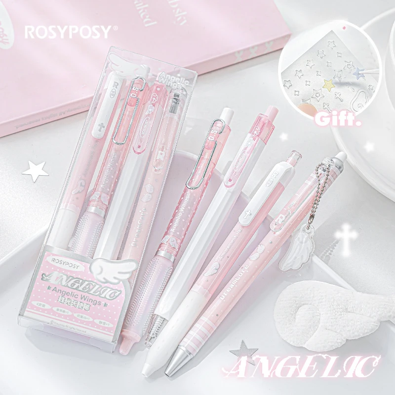 4pcs/set Pearl Angel Gel Pen Set Cute Exam Pens with Wing Design Kawaii Cartoon 0.5mm Black Ink for Kids Back To School Student