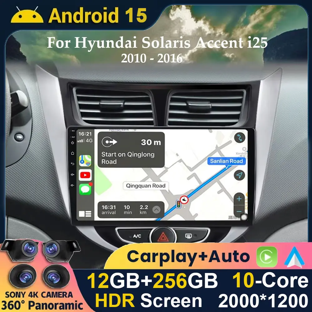 Android 15 Wireless CarPlay Android Auto Radio for Hyundai Solaris Accent i25 2010 - 2016 4G Car Multimedia GPS AI Voice No 2din
