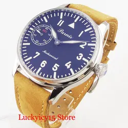 Polished Hand Winding Men's Watch Luminous Marks 44mm Mechanical Wristwatch 6497 Movement