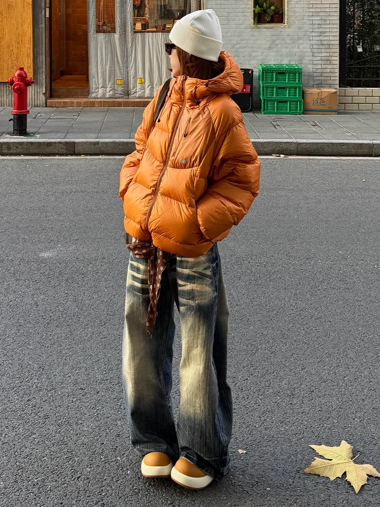 

Large Size American Retro Washed Yellowing Bamboo Pattern Denim Pants Women Casual Versatile Loose Straight Leg Wide Leg Pants