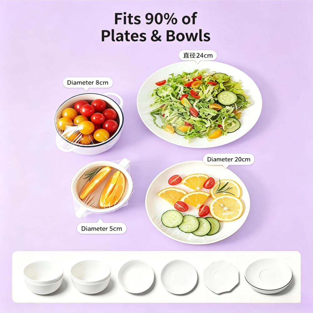 Disposable thick Elastic Food Covers Plastic Stretch Bowl Plate Covers Kitchen Fresh Keeping Wrap for Fruit Vegetable Leftovers