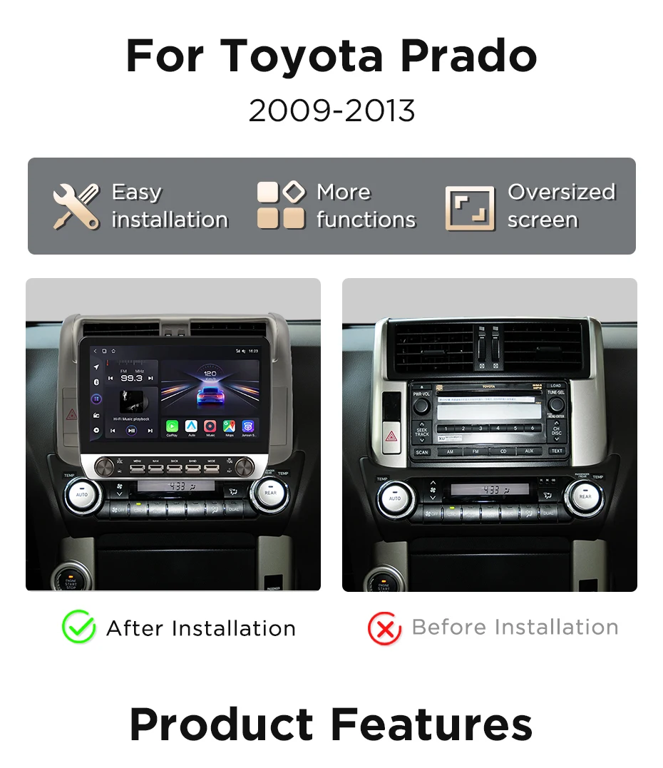 Junsun 10,1" Tasten Drahtloses Carplay AndroidAuto Autoradio für Toyota Land Cruiser Prado150 2009-2013 Bluetooth GPS Navi 4G DSP – Detail 4