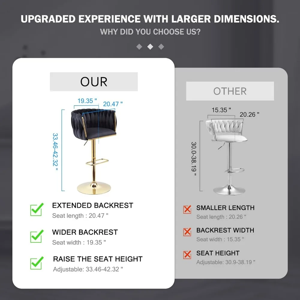 Набор бархатных барных стульев из 2-х современных регулируемых поворотных стульев с плетеной спинкой для кухонного острова, столовой, кафе