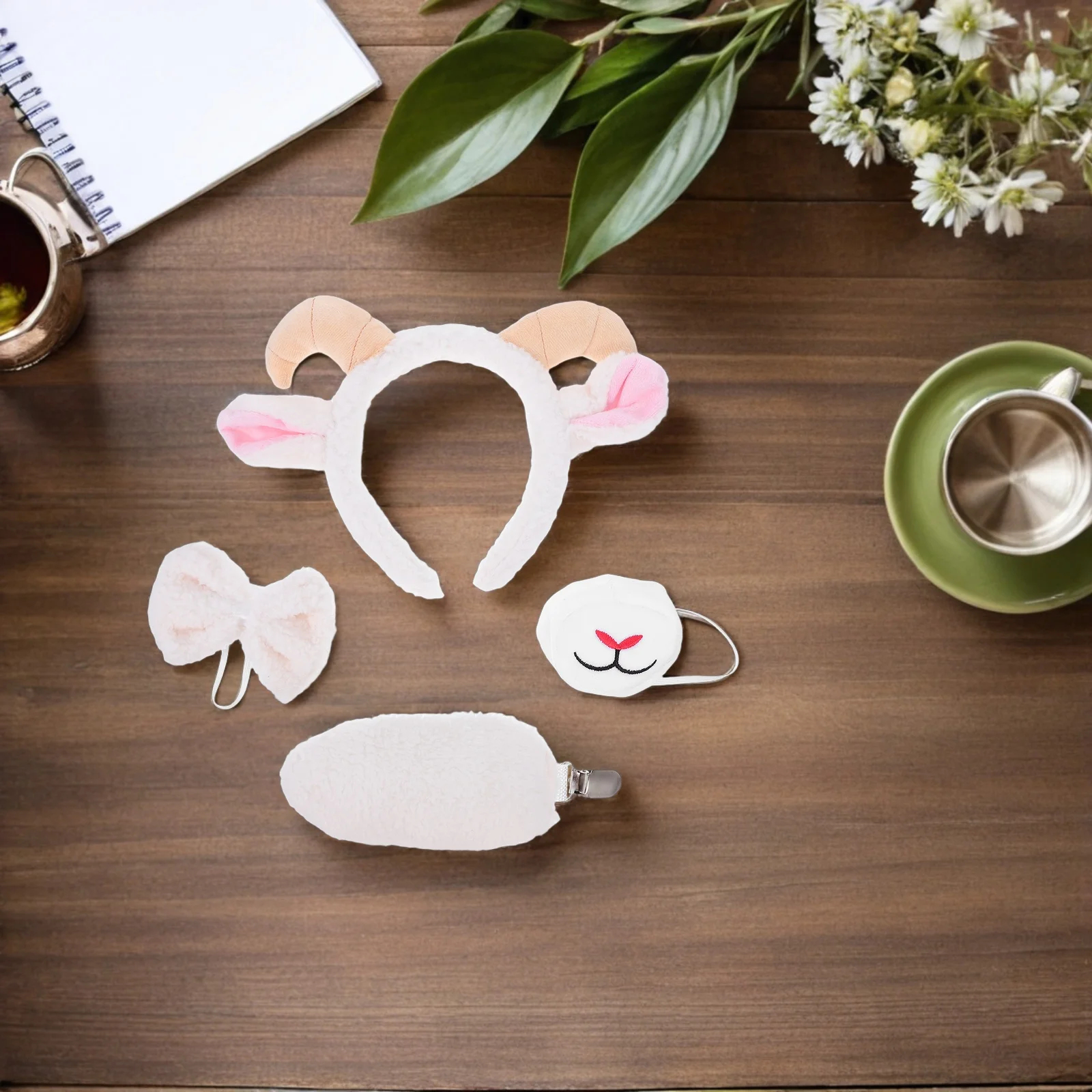 1 Set Animal Lamb Costume Set Goat Ears Headband Clip On Tail Curved Sheep Horns Lamb Nose Face Piece For Party Cosplay Farm