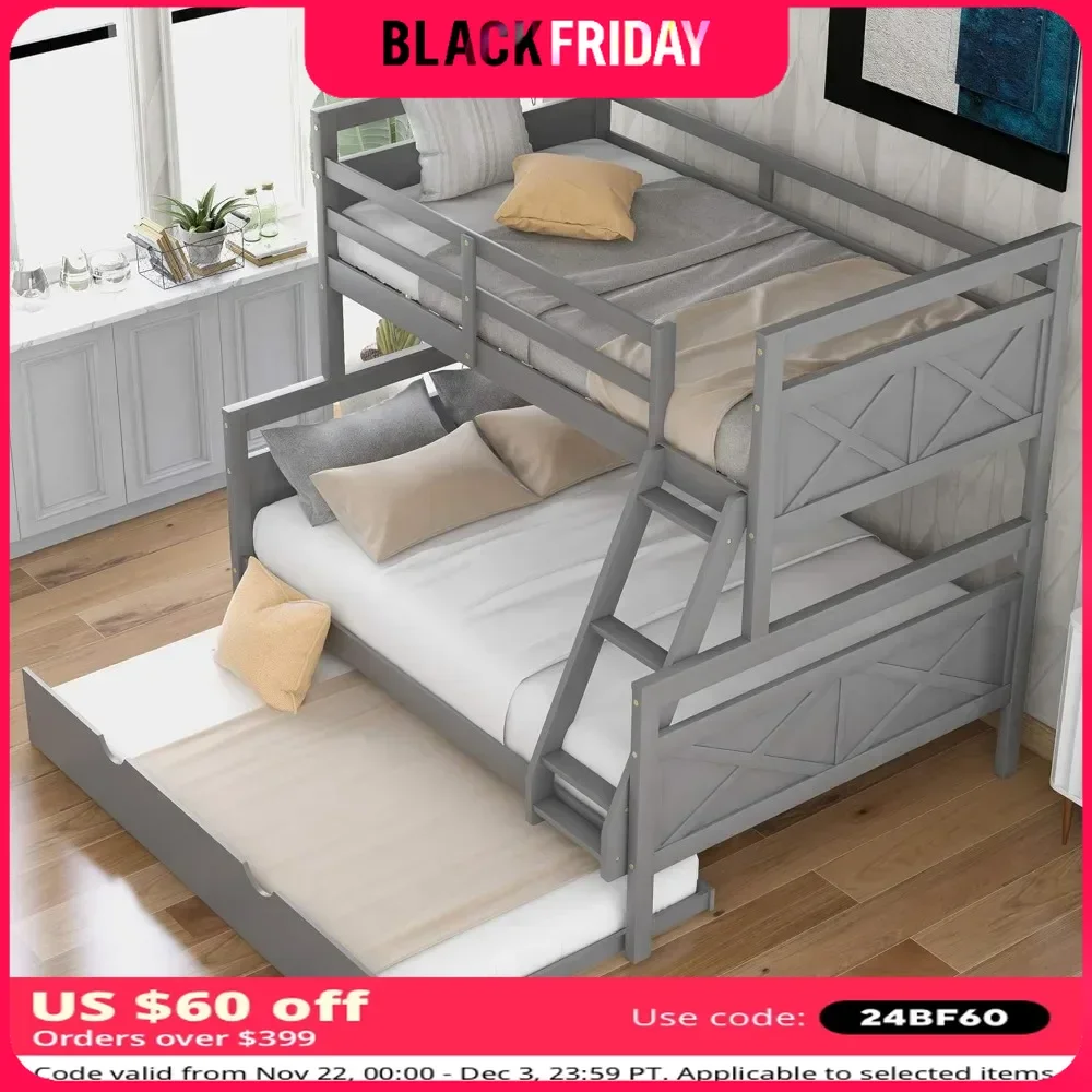 Bunk Bed, Twin Over Full Wood Bunks Beds with Twin Size Trundle,  with Guardrail and Ladder, Solid Wood Bunk Bed Frame