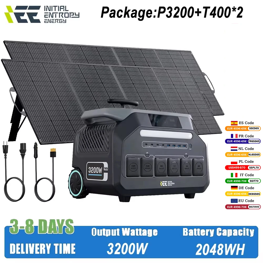 Tragbare Stromversorgungsstation IEE 3200W 2048Wh mit 2 Solarpanels 400W, App-Steuerung, USV, externer Generator für Camping, Solarbatterie