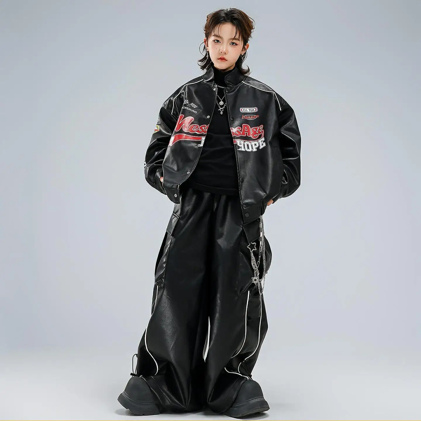 Children Boys Girls Streetwear Hip Hip Leather Baseball Jacket Cargo Pant Sets Kids Coat Trousers Fashion Show Clothes Costumes