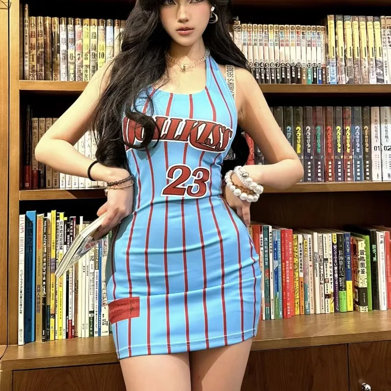 

American Sporty Hottie Camisole Dress Harajuku Letter Printed Vintage Halter Sundress Women's Street Y2k Sexy Hip Wrap Minidress