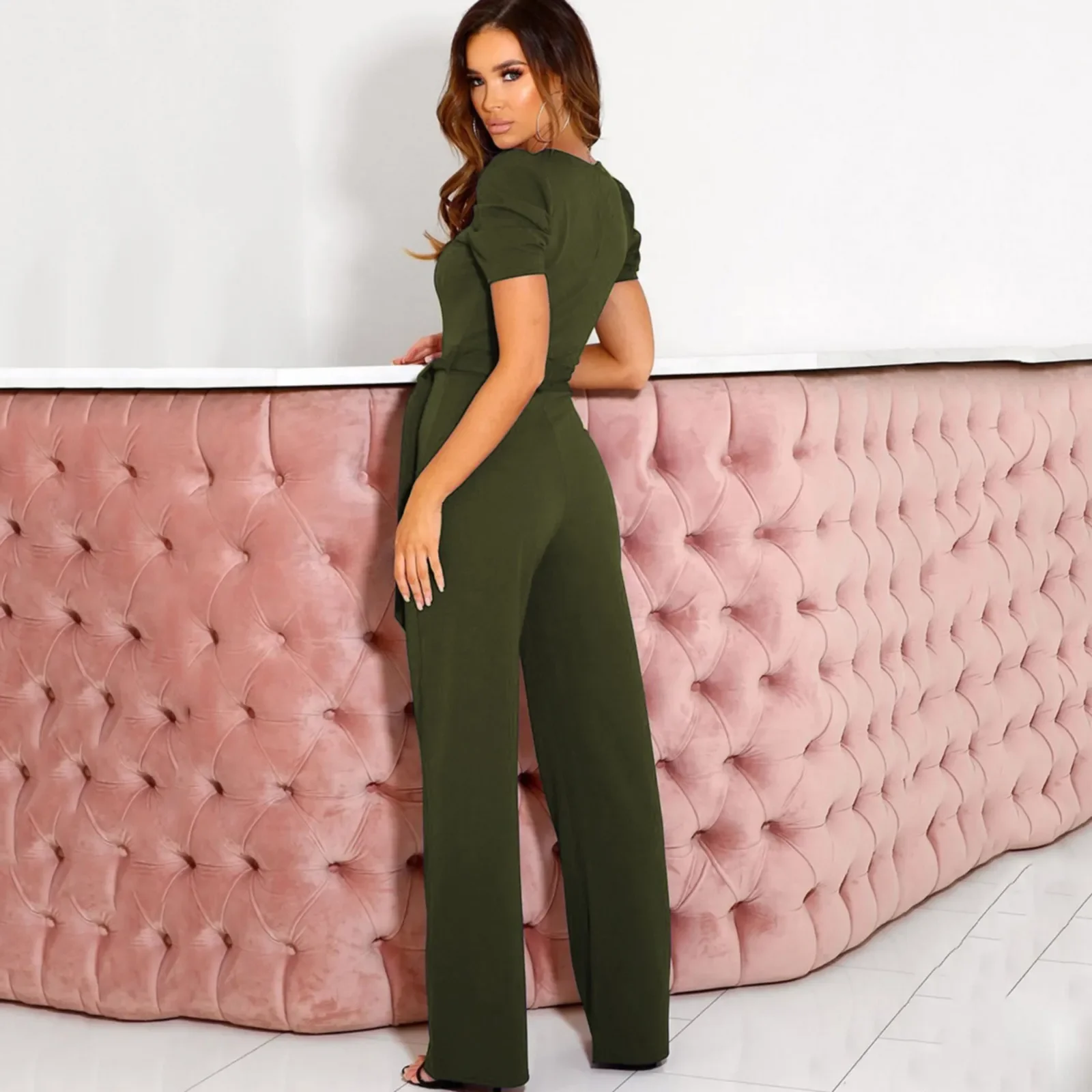 Summer Temperament Strap Waist Jumpsuit Womens Solid Color V Neck Short Sleeve Rompers Jumpsuits For Women Elegant For Party