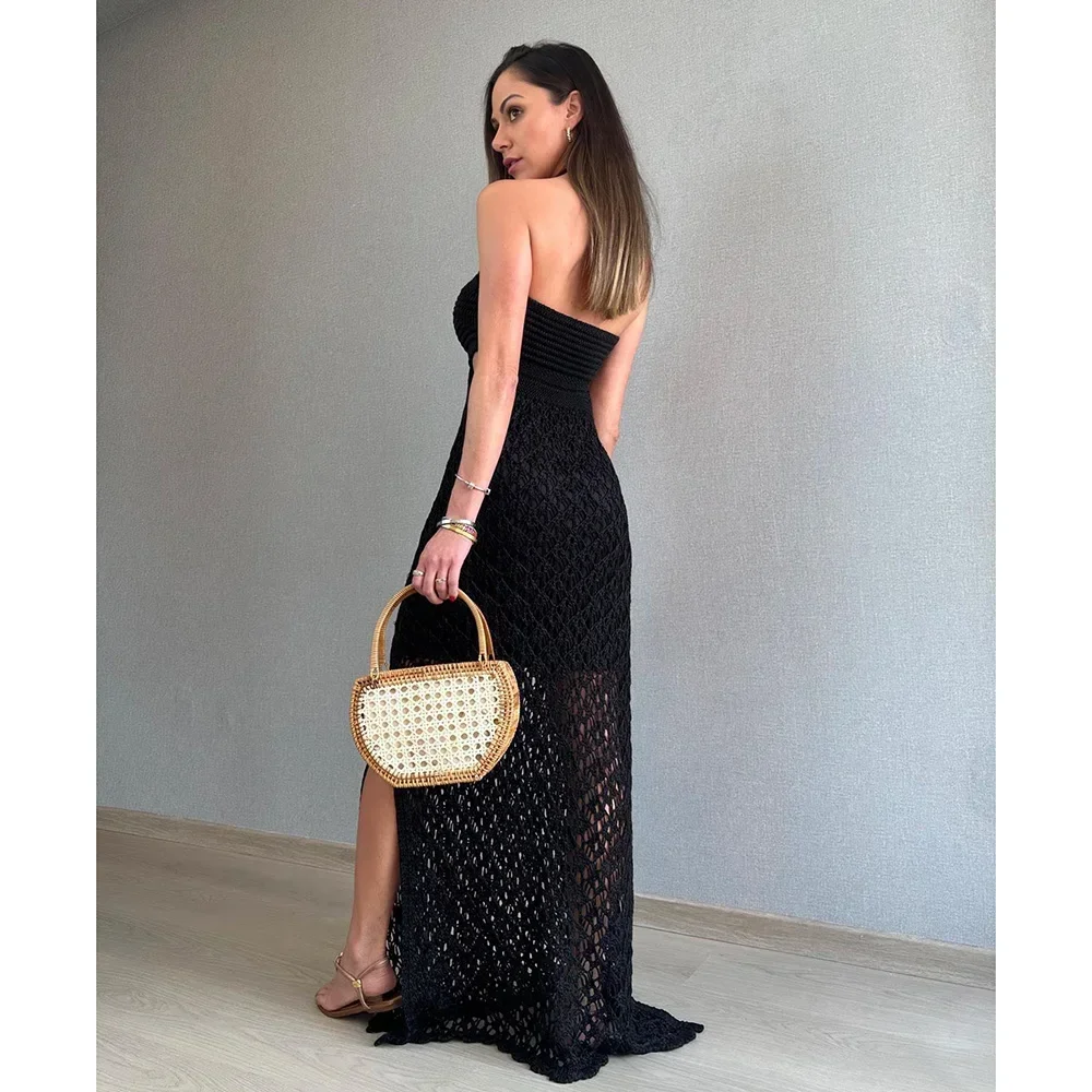 2024 크로셰 비치 니트 메쉬 섹시 밴도 맥시 드레스 여성 여름 드레스 솔리드 비키니 커버업 홀터 비치웨어