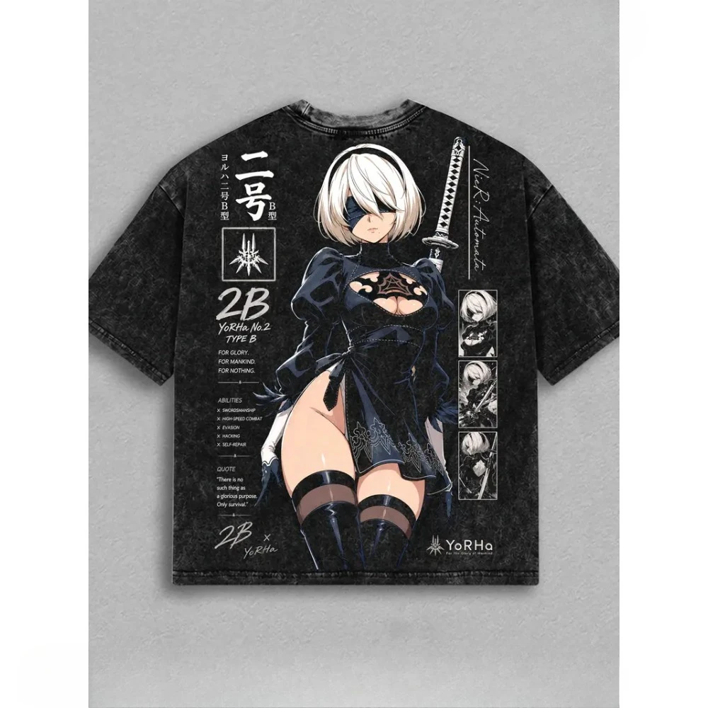 YoRHa No.2 Type B NieR Automata Graphic T Shirt Men Women Short Sleeve Cotton Tshirt Vintage Washed Streetwear Oversized T-shirt