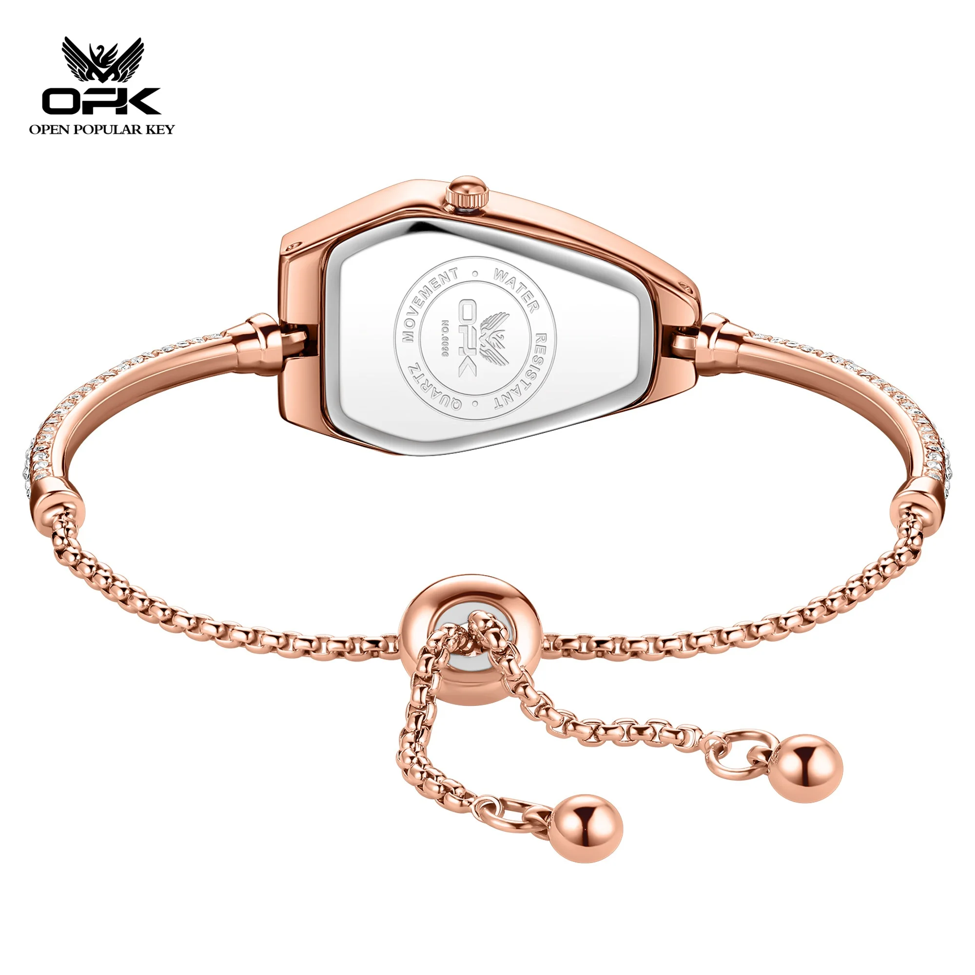 OPK 6096 Original Quartz Movement Watch For Women Elegance Mother-of-pearl Tonneau Dial 30M Waterproof Semi-bangle Watch