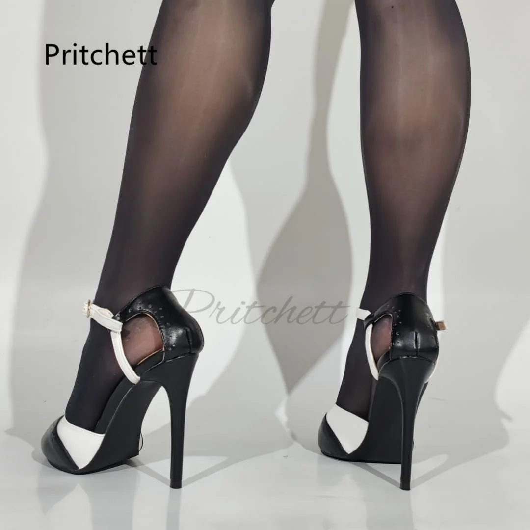 T-Strap Peep Toe Sandals for Women Stilettos High Heels Black and White Splicing Sexy Buckle Strap Party Dress Office Lady Shoes