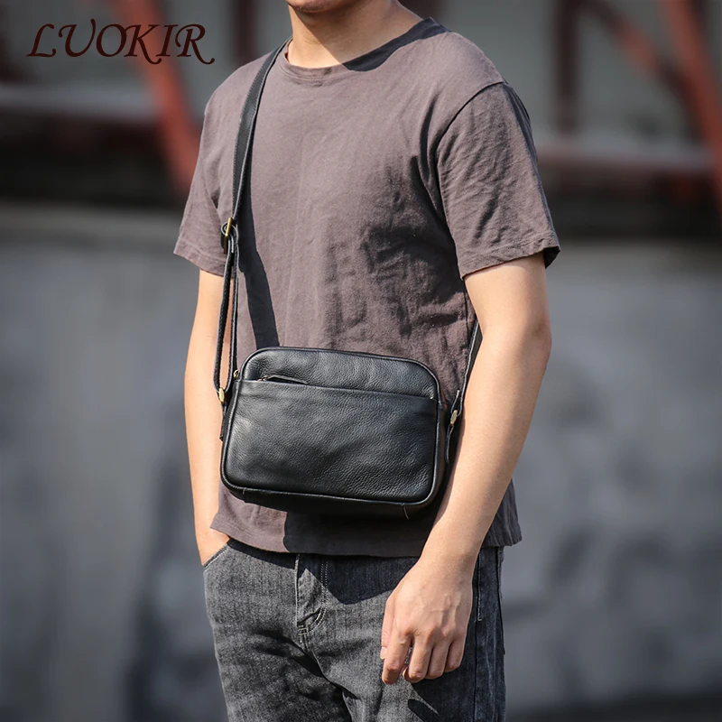 LUOKIR Men\'s Genuine Leather Crossbody Bag Casual Shoulder Bag Simple First Layer Cowhide Small Bags For 8 Inch iPad