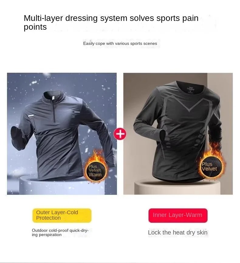 

Winter Half Zipper Training Clothes Men's Velvet Warm Quick Drying Clothes Long Sleeve Autumn/Winter Running Top Outdoor Sports
