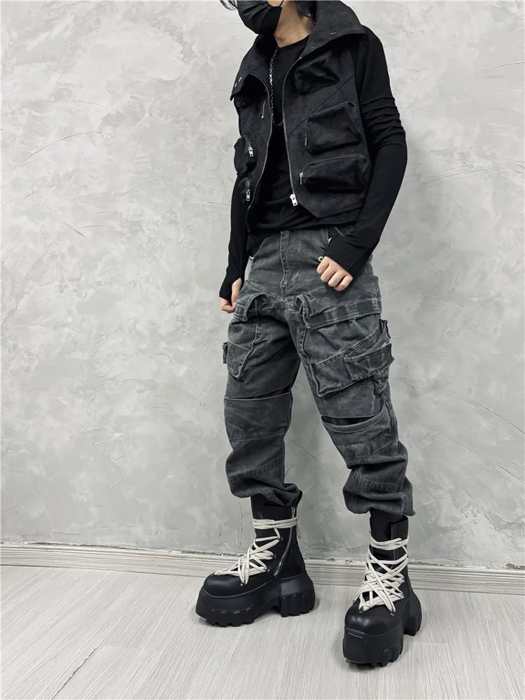 Avant-garde retro gewassen stiksels multi-pocket tactische overall persoonlijkheid matje broek trendy los casual