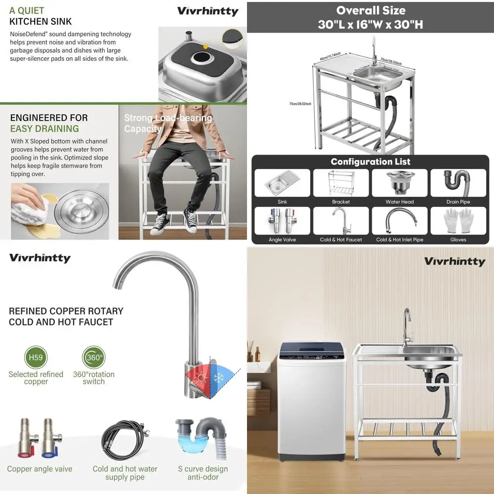 

Commercial Stainless Steel Utility Sink with Workbench and Accessory Set for Outdoor, Garage, Laundry Room Use (29.52D x 15.74W
