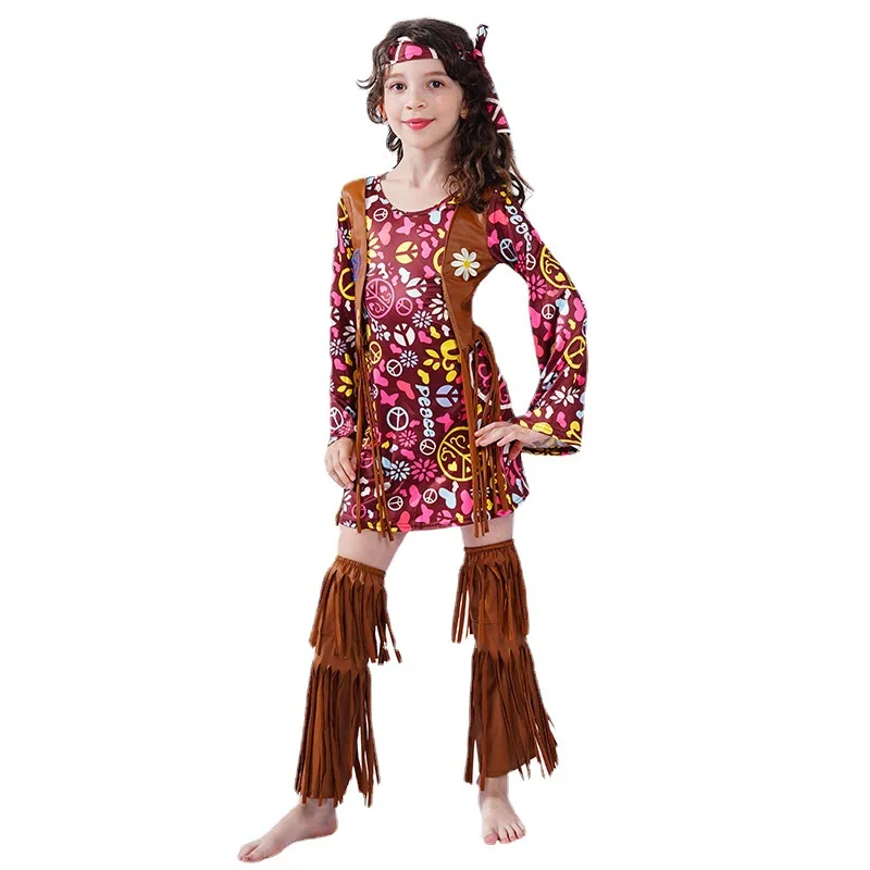 Children Floral Printing Party Dress Vintage Funny Disco Hippie Dress Sets Hippie Accessories Girl Cosplay Costume Stage Costume