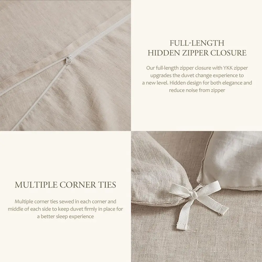 Leinen-Bettbezug-Set, 3-teilig, natürliches französisches Flachs-Leinen, King-Size-Größe 90 x 104, Eckbänder und Reißverschluss, weich, atmungsaktiv, langlebig